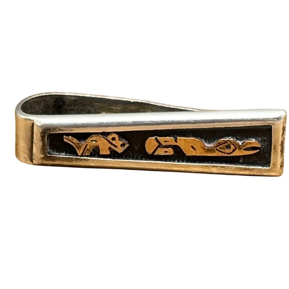 Vtg 925 Tie Clip 18k Gold Sterling Silver‎ Peru/Mexico Bird Snake Motif 1.25
